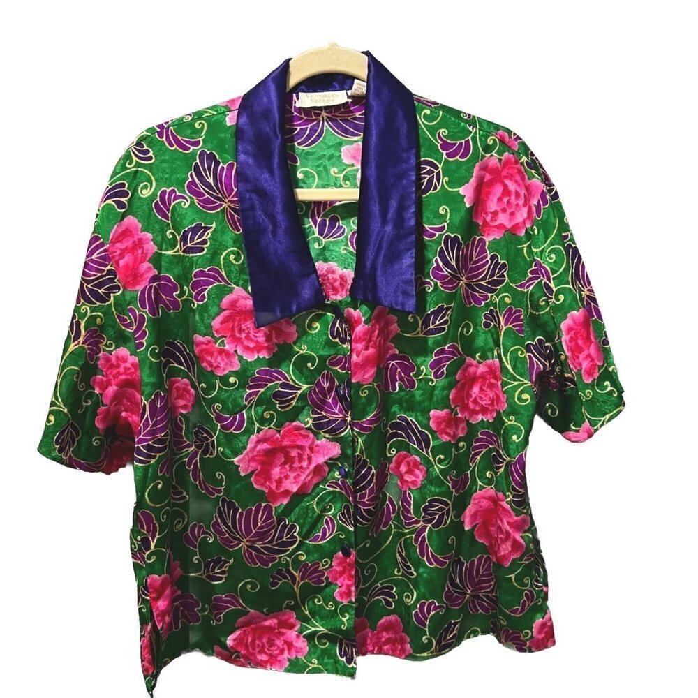 Vtg Victoria Secret Womens Multicolor Floral Silk Kimono Blouse Medium Button Up